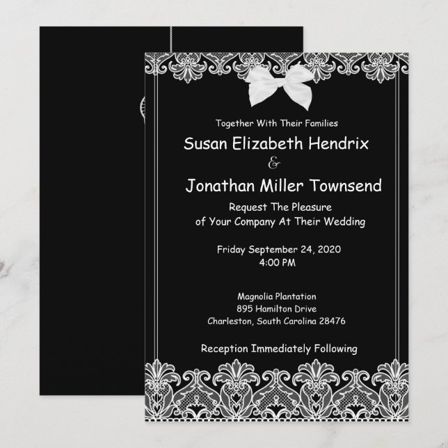 Elegante invitación a la boda blanca y negra (Anverso / Reverso)