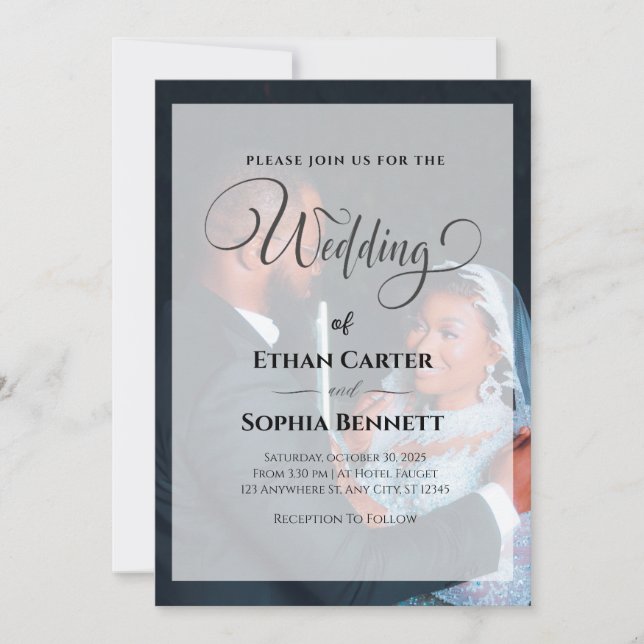 Elegante invitación a la boda blanca y negra (Anverso)