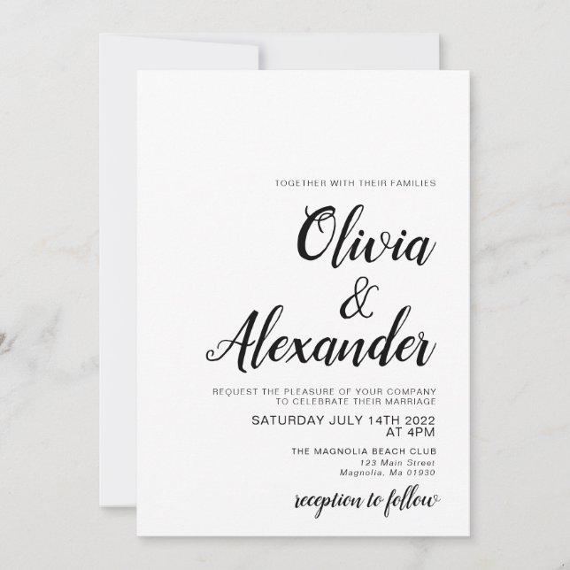 Elegante invitación a la boda blanca y negra (Anverso)