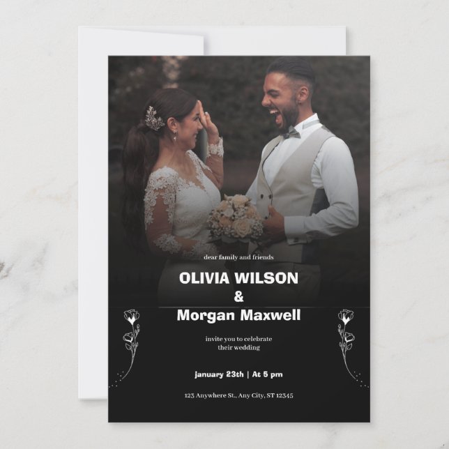 Elegante invitación a la boda blanca y negra (Anverso)