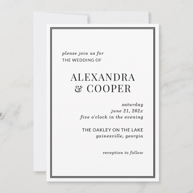 Elegante invitación a la boda blanca y negra (Anverso)