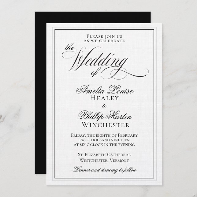 Elegante invitación a la boda blanca y negra (Anverso / Reverso)