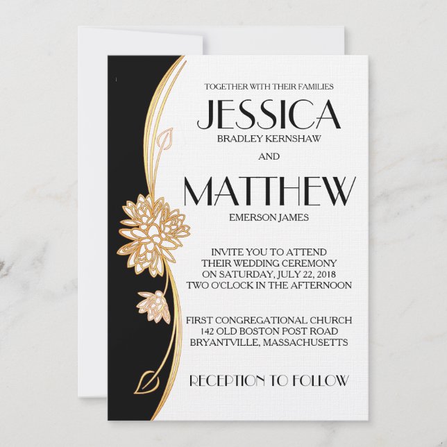 Elegante invitación a la boda blanca y negra (Anverso)