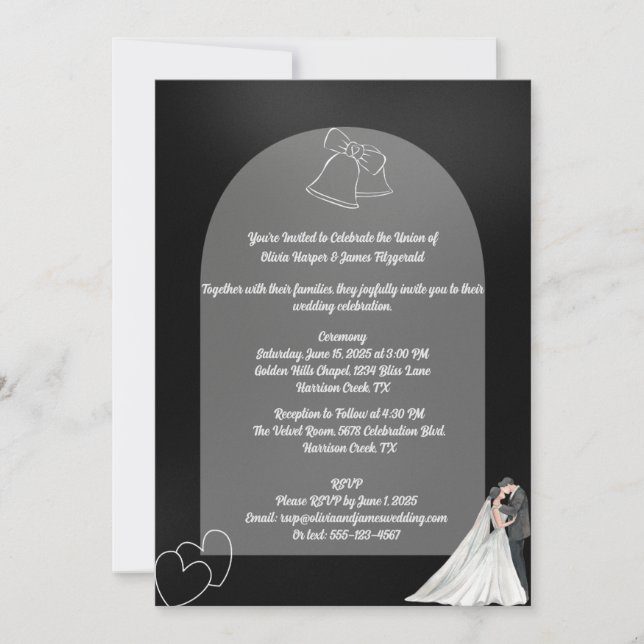 Elegante invitación a la boda blanca y negra (Anverso)