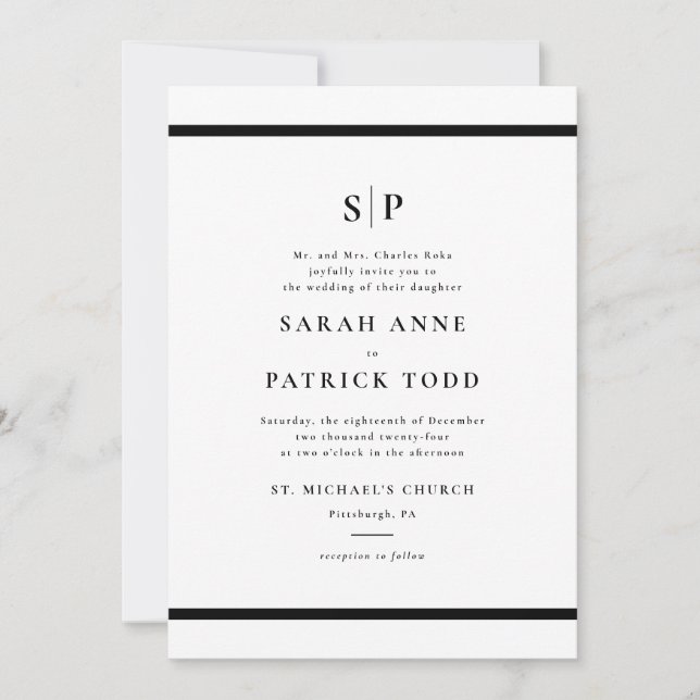 Elegante invitación a la boda blanca y negra (Anverso)