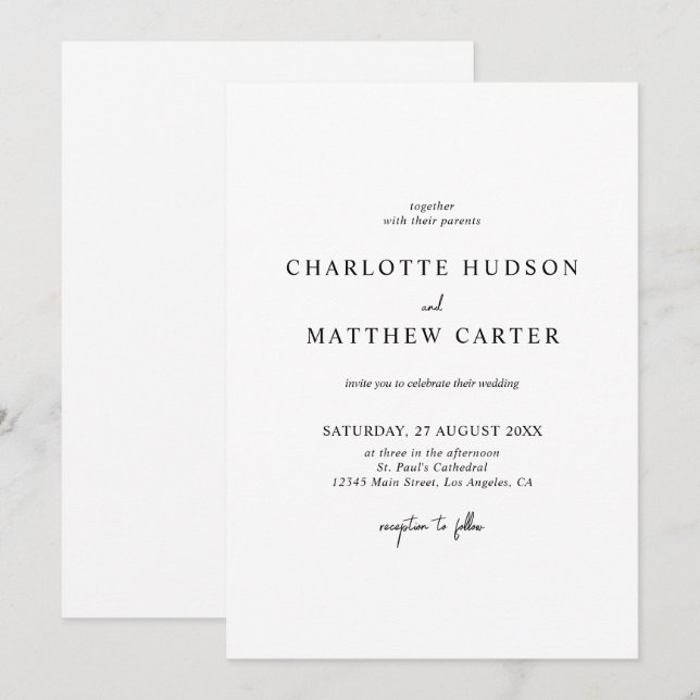 Elegante invitación a la boda blanca y negra (Anverso / Reverso)