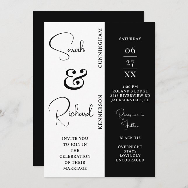 Elegante invitación a la boda blanca y negra (Anverso / Reverso)