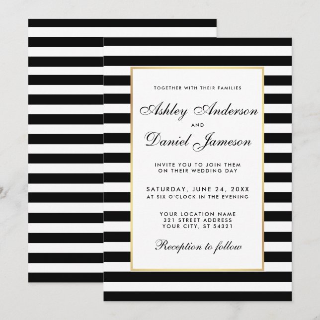 Elegante invitación a la boda blanca y negra a ray (Anverso / Reverso)