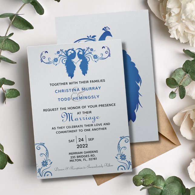 Elegante invitación a la boda Blue Peakcock 5"x7" (Subido por el creador)
