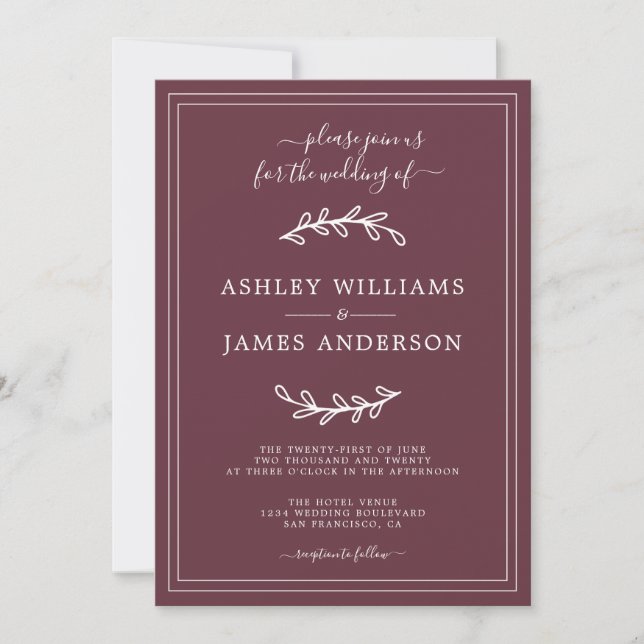 Elegante invitación a la Boda Borgoña (Anverso)