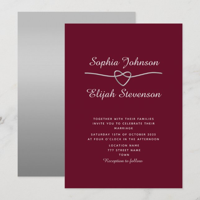 Elegante invitación a la boda borgoñona de plata (Anverso / Reverso)