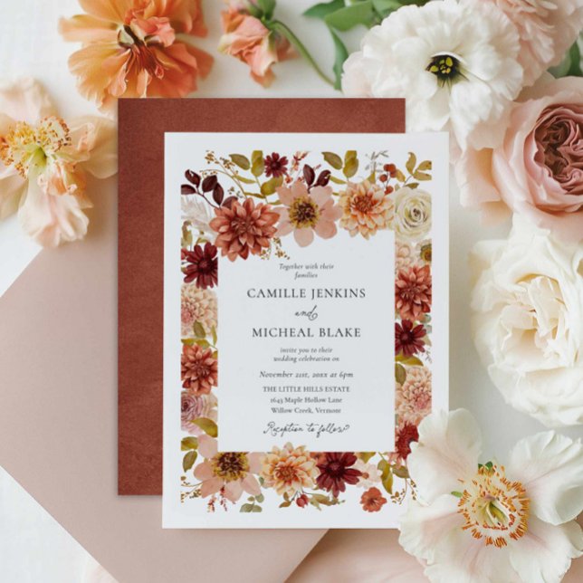 Elegante Invitación a la Boda Botánica de Caída (Elegant Fall Floral Burgundy Terracotta Wedding Invite)