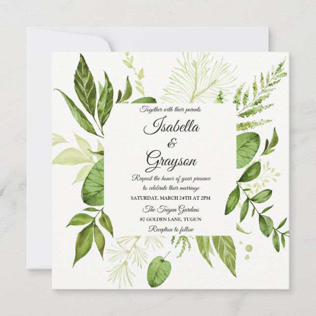 Elegante invitación a la boda botánica de la hoja  (Anverso)