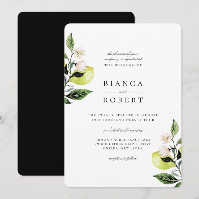 Elegante invitación a la boda botánica de los lému (Anverso / Reverso)
