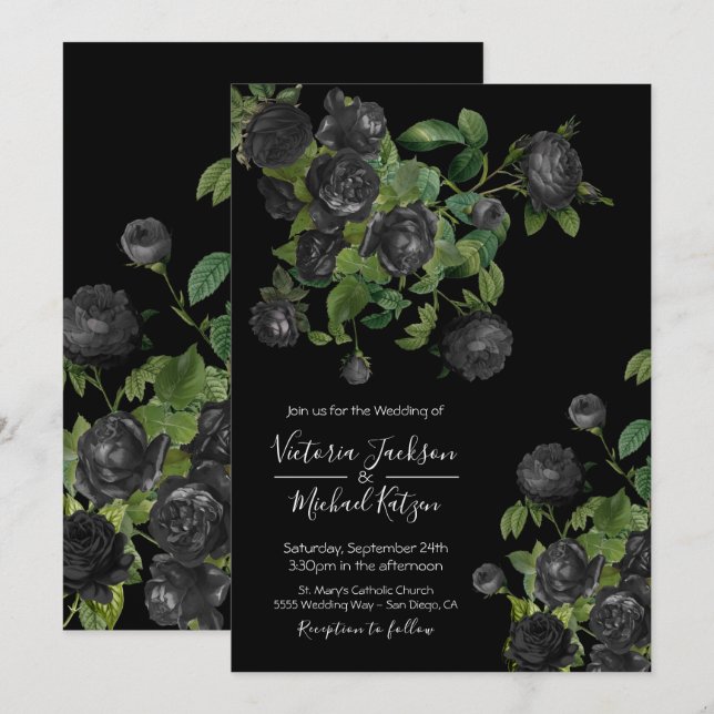 Elegante invitación a la Boda Botánica Floral Negr (Anverso / Reverso)