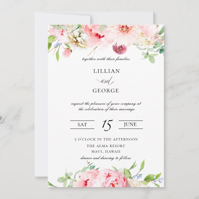 Elegante invitación a la boda botánica rosa Rubor (Anverso)