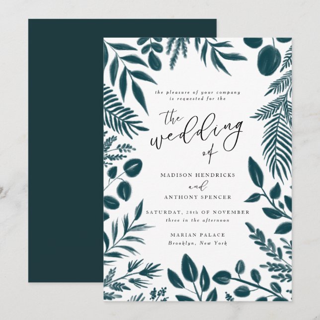 Elegante invitación a la boda botánica Verde azula (Anverso / Reverso)