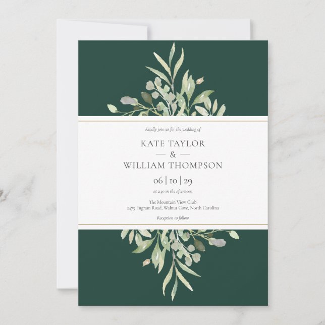 Elegante invitación a la boda botánica verde esmer (Anverso)