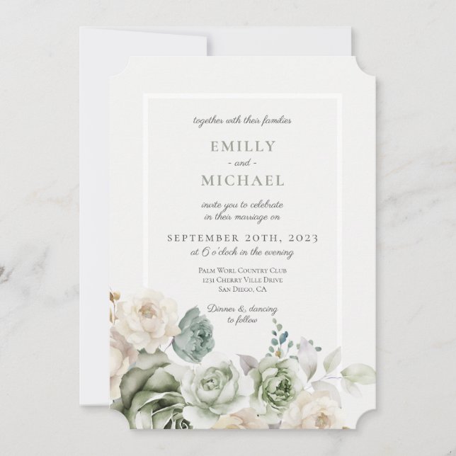 Elegante Invitación a la Boda Botánica Verde Sage (Anverso)