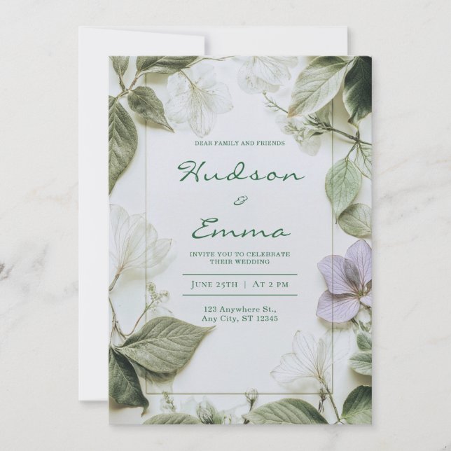 Elegante Invitación a la Boda Botánica Verde Sage (Anverso)