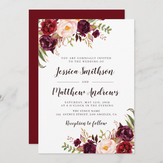Elegante invitación a la boda burdeos (Anverso / Reverso)