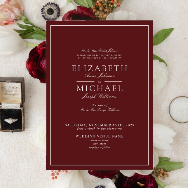 Elegante invitación a la boda burdeos clásica (Subido por el creador)