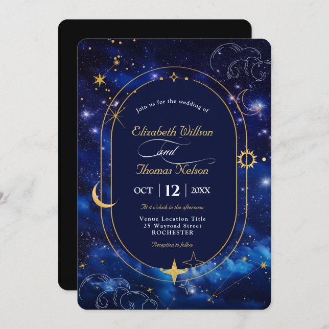 Elegante invitación a la boda celestial azul (Anverso / Reverso)