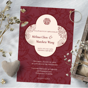 Elegante invitación a la boda china con flores de