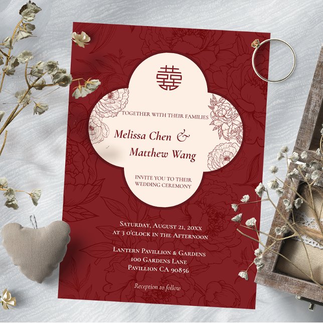 Elegante invitación a la boda china con flores de  (Elegant Lace Floral Chinese Wedding Invitation)