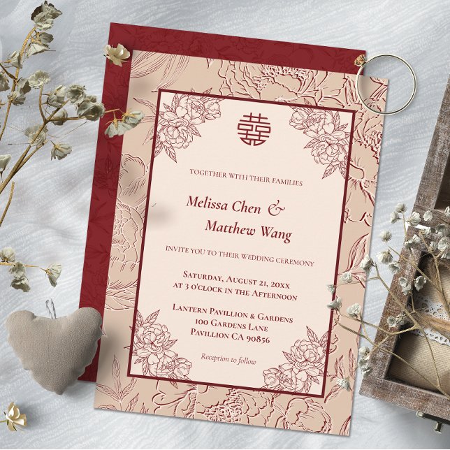 Elegante invitación a la boda china con flores de  (Elegant Lace Floral Chinese Wedding Invitation)