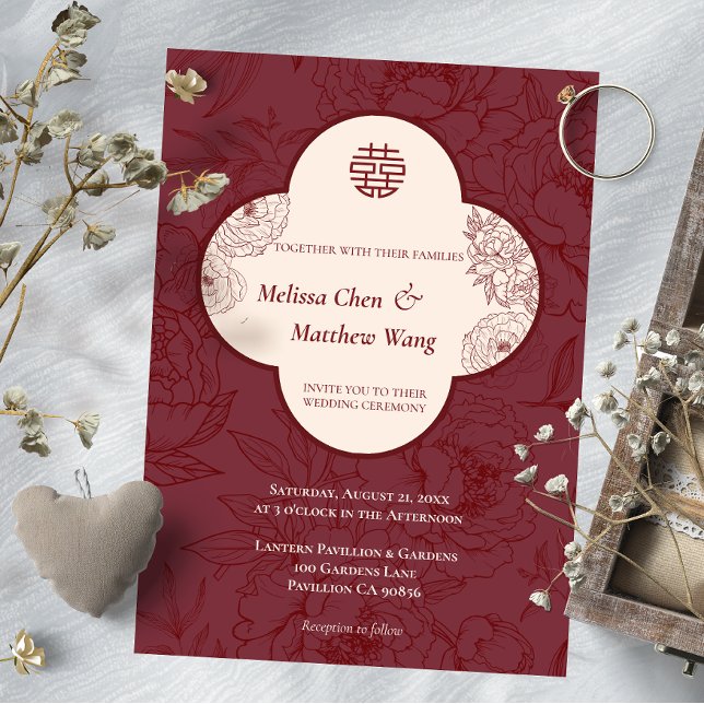 Elegante invitación a la boda china con flores de  (Elegant Lace Floral Chinese Wedding Invitation)