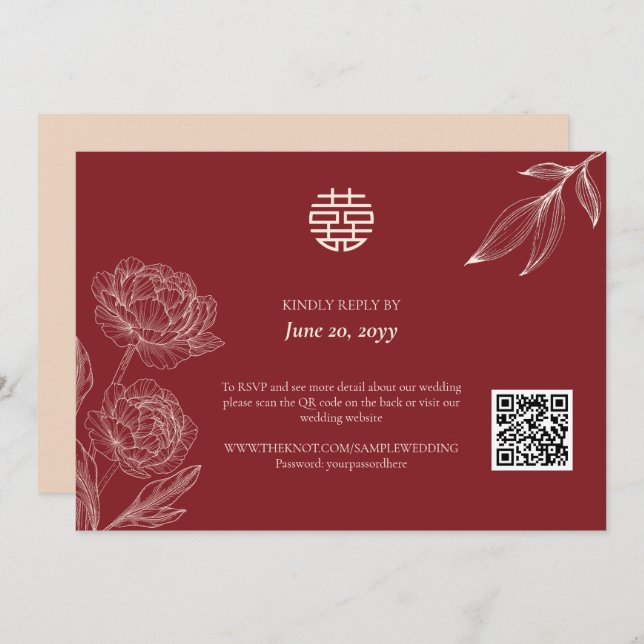 Elegante invitación a la boda china floral RSVP (Anverso / Reverso)