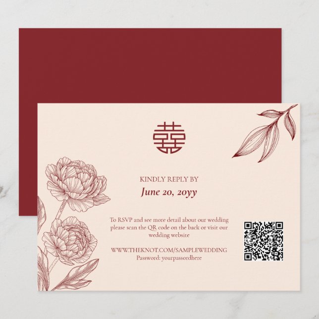Elegante invitación a la boda china floral RSVP (Anverso / Reverso)