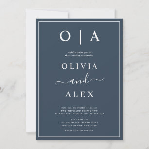 Elegante invitación a la boda clásica azul de la M