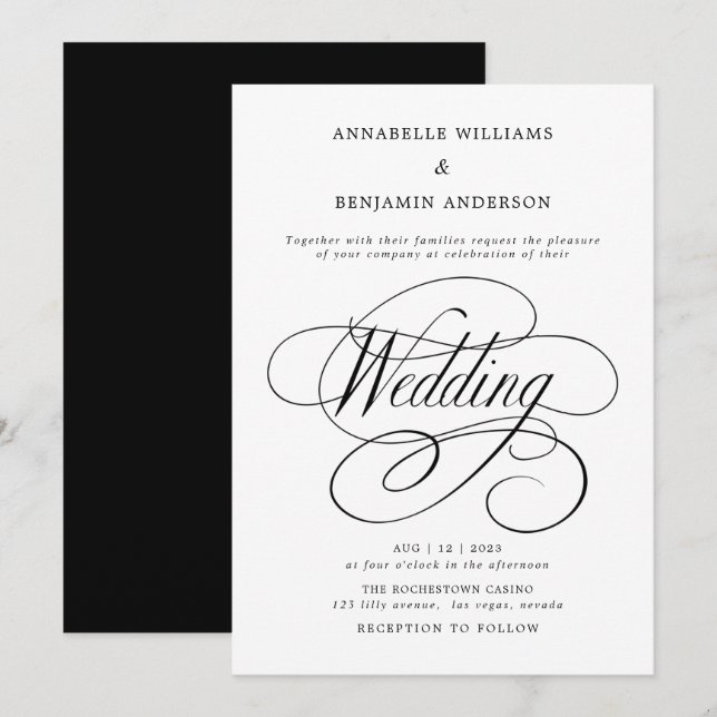 Elegante invitación a la boda clásica blanca y neg (Anverso / Reverso)