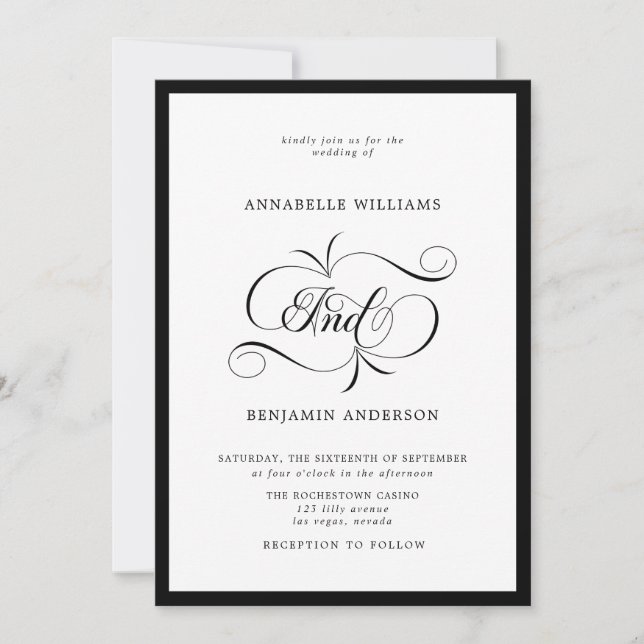 Elegante invitación a la boda clásica blanca y neg (Anverso)