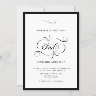Elegante invitación a la boda clásica blanca y neg