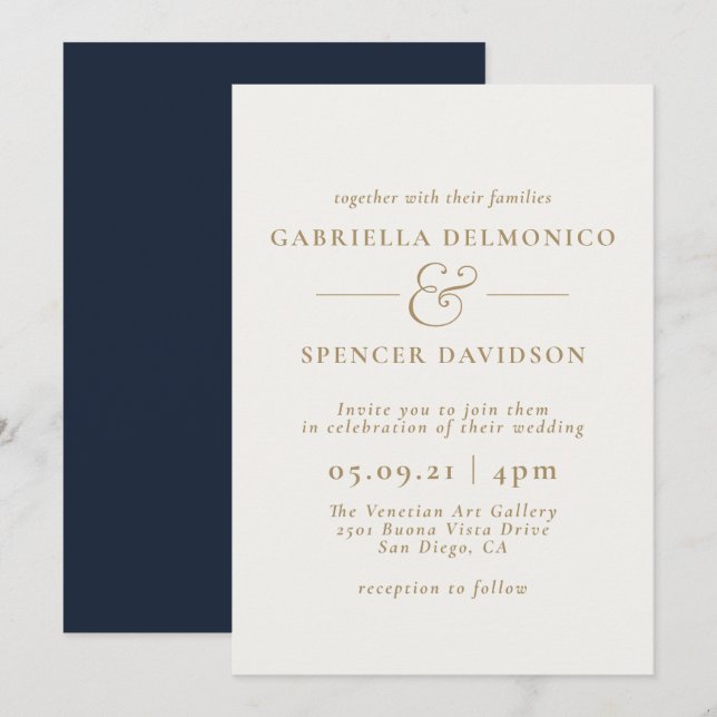 Elegante invitación a la boda con crema azul de la (Anverso / Reverso)