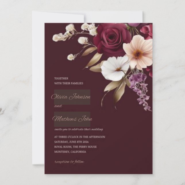 Elegante invitación a la boda con flores de cimarr (Anverso)