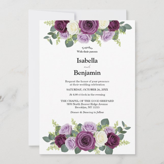 Elegante invitación a la boda con flores de marfil (Anverso)
