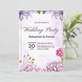 Elegante invitación a la boda con flores moradas