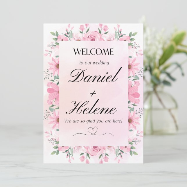 Elegante invitación a la boda con flores rosas (Anverso de pie)