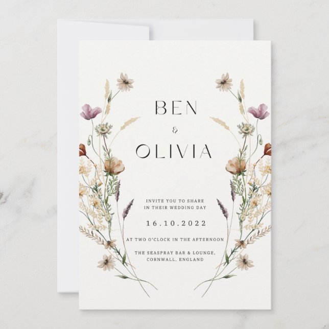 Elegante invitación a la boda con flores silvestre (Anverso)