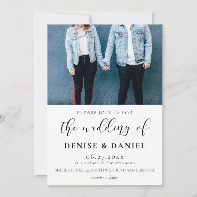 Elegante invitación a la boda con fotografía de di (Anverso)