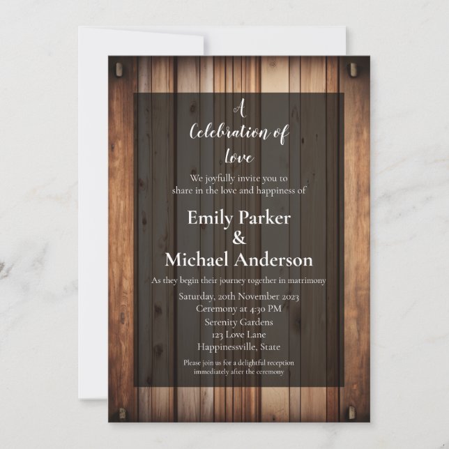 Elegante invitación a la boda con marco de madera (Anverso)