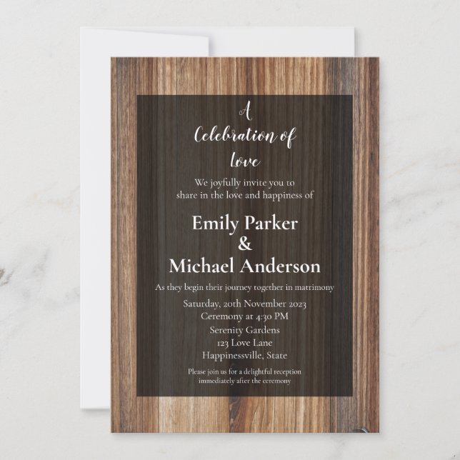 Elegante invitación a la boda con marco de madera (Anverso)