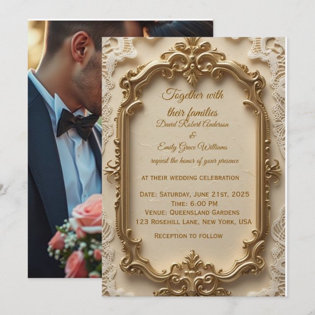 Elegante Invitación a la Boda con marco dorado (Anverso / Reverso)