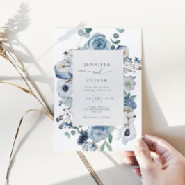 Elegante Invitación a la boda con marco floral azu