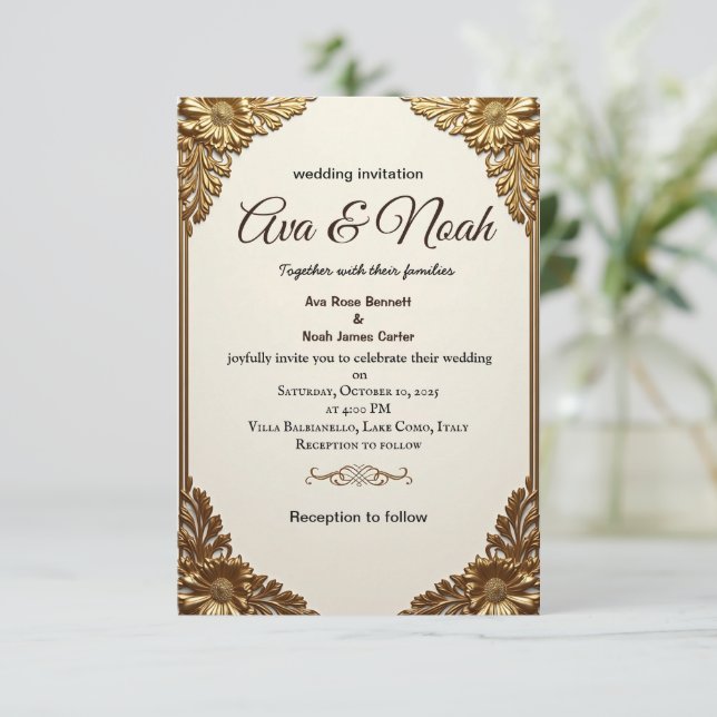 Elegante Invitación a la Boda con Marco Floral Dor (Anverso de pie)