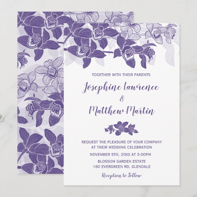 Elegante invitación a la boda con orquídeas púrpur (Anverso / Reverso)